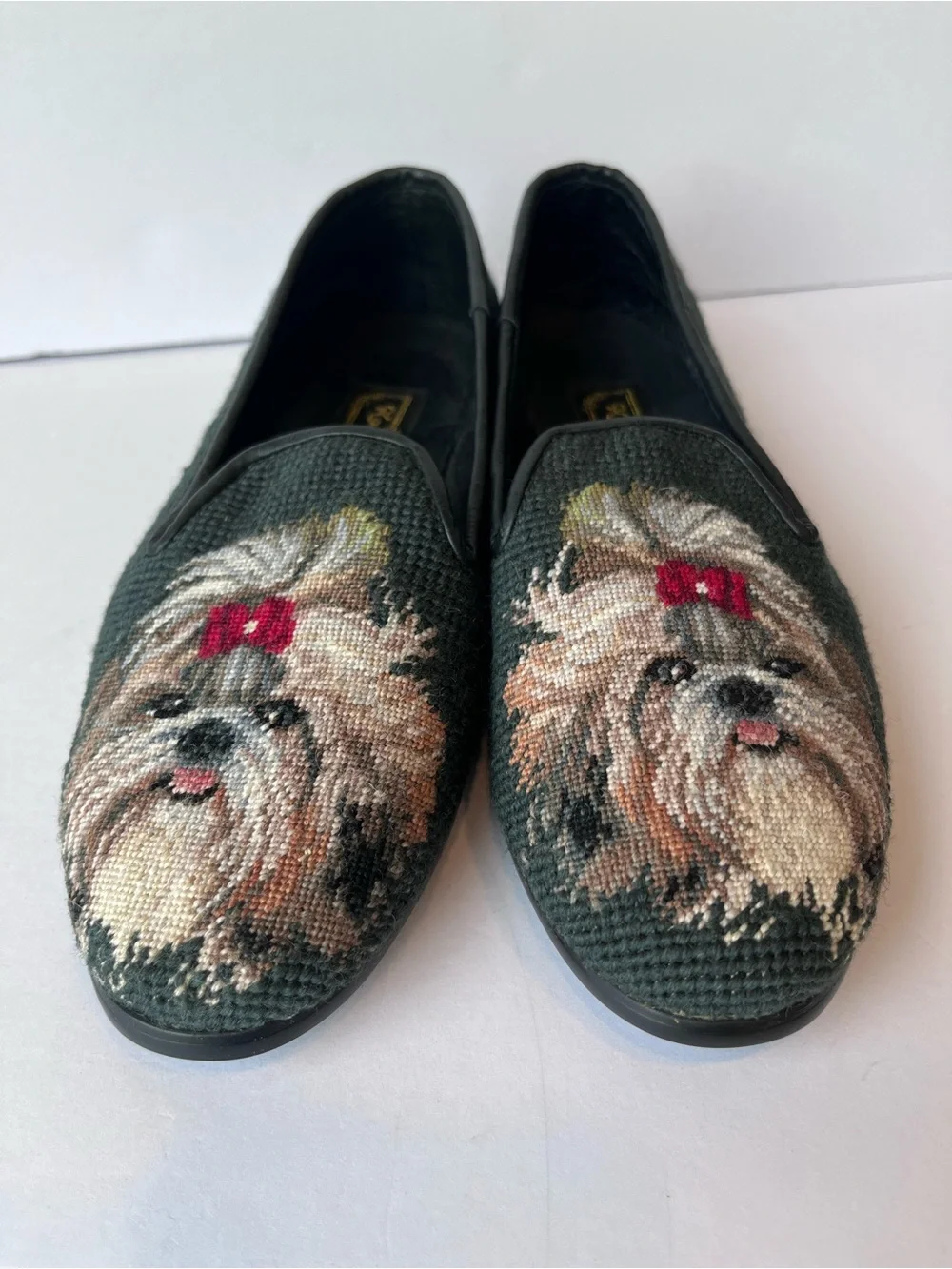 Vintage Needlepoint Yorkshire Terrier Dog Loafers Green Flats
